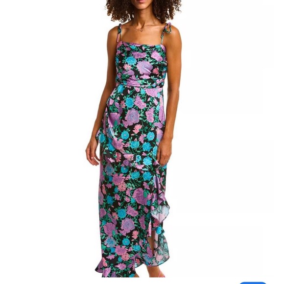 WAYF Lavender Carnations Floral Ruffle Maxi Dress‎ Spaghetti Strap Womens L - Picture 2 of 16